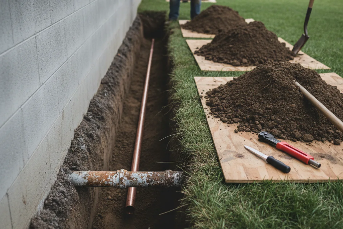 Excavated water line trench during Water Heater Repair in Phenix City